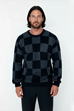 Erkek Oversize Bisiklet Yaka Ekose Desenli Kalın Triko Kazak Soğuk Havalarda Konforlu ve Şık