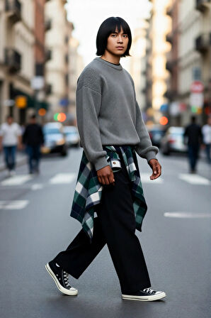 Erkekler İçin Gri Oversize Bisiklet Yaka Düz Triko Kazak Günlük Giyimde Konforlu Şık Tasarım