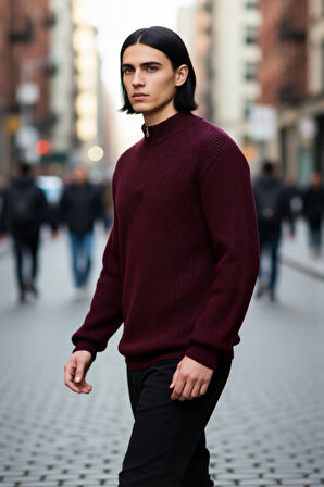 Erkeklerin Soğuk Havalar İçin İdeal Regular Kalıp Akrilik Düz Triko Fermuarlı Kazak Kaliteli