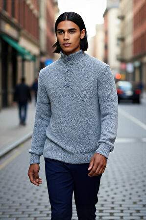 Erkek Modern Düğmeli Dik Yaka Fitted Kalıp Triko Kazak Soğuk Kış Günleri İçin İdeal Şık Seçim