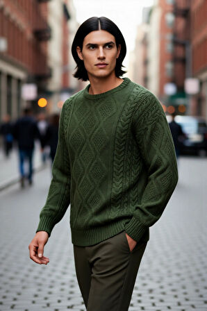 Modern Erkek Oversize Saç Örgü Desenli Bisiklet Yaka Triko Kazak Günlük Şıklık Sunar Kaliteli