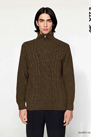 Erkek Regular Kesim Kışlık Triko Kazak Fermuarlı Dik Yaka Saç Örgü Uzun Kollu Rahat Kaliteli