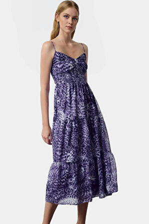 Şık Animal Desenli Yazlık Midi Elbise Dokuma Şifon Kumaş Skater Kalıp Rahat Kullanım