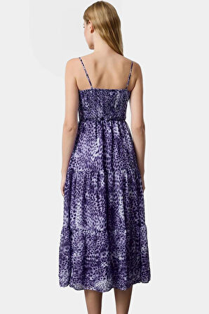 Şık Animal Desenli Yazlık Midi Elbise Dokuma Şifon Kumaş Skater Kalıp Rahat Kullanım