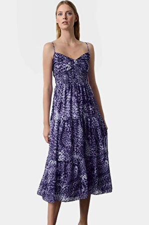 Şık Animal Desenli Yazlık Midi Elbise Dokuma Şifon Kumaş Skater Kalıp Rahat Kullanım