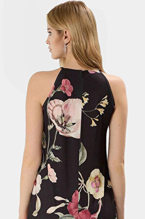 Halter Yaka Maxi Elbise Örme Kumaş Çiçekli Desen Rahat Kalıp Konforlu Kesim Ve Şık