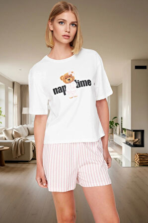 Ayıcıklı Çizgili %100 Pamuklu Pijama Takımı Rahat ve Şık Yaz Uykusu Mükemmel Uyum Dayanıklı Malzeme