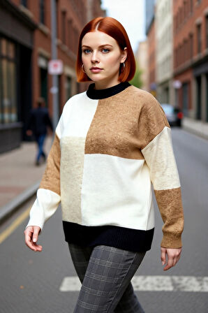 Kadın Modern Tarz Renk Blok Desenli Bisiklet Yaka Düşük Kol Triko Kazak Kış Sezonu Rahatlığı