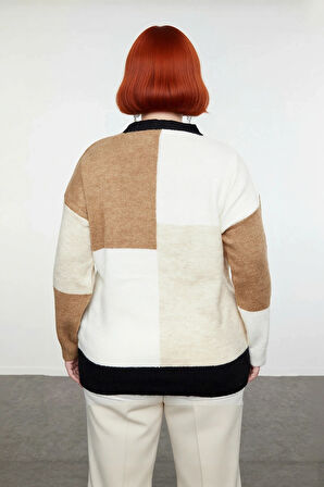 Kadın Modern Tarz Renk Blok Desenli Bisiklet Yaka Düşük Kol Triko Kazak Kış Sezonu Rahatlığı