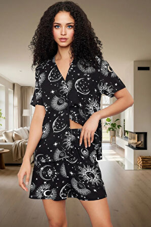 Yazlık Kadın Pijama Takımı Galaksi Desenli Viskon Şortlu Gömlek Konforlu Kesim Özenle Seçilmiş