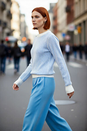 Kadın Mavi Beyaz Çizgili Selanik Dokulu Düğmeli Triko Kazak Kış Sonbahar İçin Basic Ve Konforlu