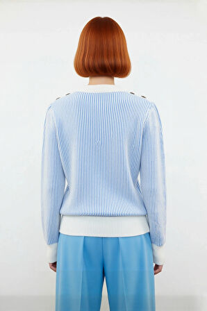 Kadın Mavi Beyaz Çizgili Selanik Dokulu Düğmeli Triko Kazak Kış Sonbahar İçin Basic Ve Konforlu