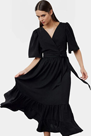 Kuşaklı Midi Elbise Rahat Kesim V Yaka Aerobin Dokuma Uzun Ömürlü Yüksek Kalite