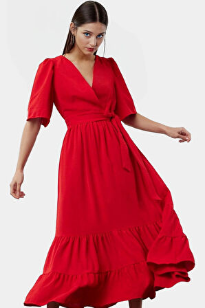 Kuşaklı Midi Elbise Rahat Kesim V Yaka Aerobin Dokuma Uzun Ömürlü Yüksek Kalite