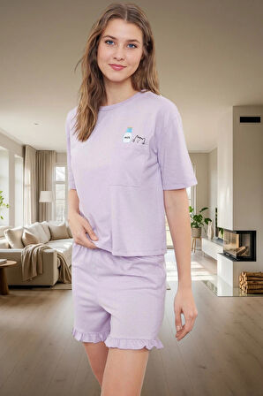 Rahat Yazlık Pijama Takımı Kısa Kollu Tişört ve Şort Pamuklu Örme Kumaş Özenle Seçilmiş