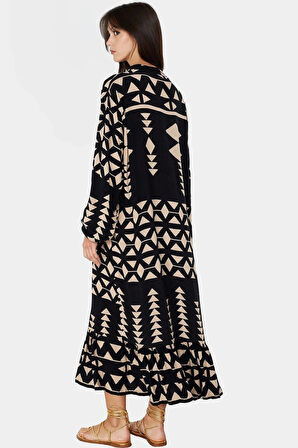 Polyester Shally Dokuma Elbise Midi Boy Truvakar Kol Geniş Kesim Modern Stil Seçkin Malzeme