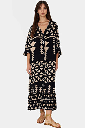 Polyester Shally Dokuma Elbise Midi Boy Truvakar Kol Geniş Kesim Modern Stil Seçkin Malzeme