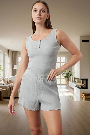 Yazlık Rahat Pijama Takımı Melanj Örme Atlet ve Şort Kullanım Mükemmel Uyum Özel Tasarım