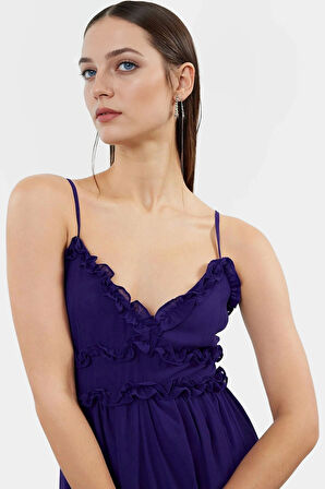 Çiçek Desenli A Kesim Maxi Elbise Şifon Kumaş V Yaka Astarlı Rahat Ve Şık Trend Tasarım