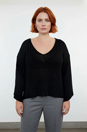 Kadın Triko V Yaka Düz Fitilli Kazak Günlük Kullanım İçin İdeal Regular Kalıp Düşük Kol Tasarım