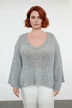 Kadın Triko V Yaka Düz Fitilli Kazak Günlük Kullanım İçin İdeal Regular Kalıp Düşük Kol Tasarım