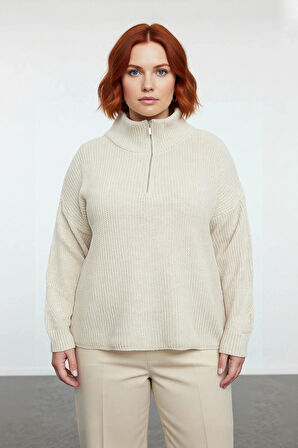 Kadın Kışlık Regular Kalıp Düz Desen Düşük Kol Fermuarlı Dik Yaka Akrilik Triko Kazak Kaliteli