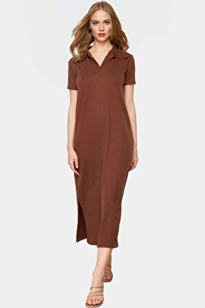 Günlük Kullanım İçin Şık Polyester Midi Elbise Polo Yaka Görünüm Mükemmel Uyum