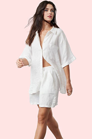 Kadın Keten Geniş Paça Kısa Şort Düz Desenli Yüksek Bel City Short Kalıp Rahat Günlük Hafta Sonu