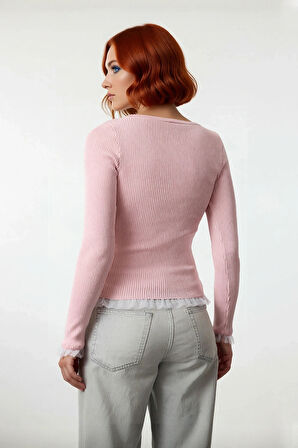 Kadın Zarif Fitted Triko Pembe Tül Detaylı Uzun Kollu Bisiklet Yaka Sonbahar Kazak Kaliteli