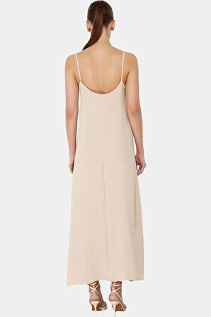 Şık V Yaka Kolsuz Maxi Elbise 130cm Boy Polyester Dokuma Rahat Seçkin Malzeme