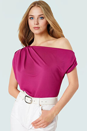 Asimetrik Yaka Kısa Kollu Bluz Esnek Örme Kumaş Zarifane Tasarım Uzun Ömürlü Rahat Ve Şık