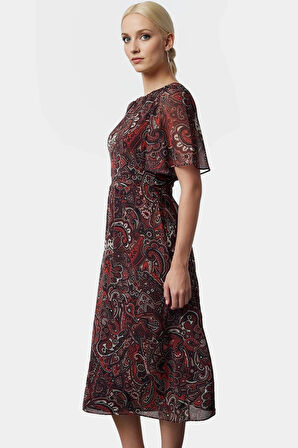 A line Hayvan Desenli Şifon Elbise Melek Kol Midi Boy  Polyester Şık Görünüm Özel Tasarım