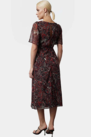 A line Hayvan Desenli Şifon Elbise Melek Kol Midi Boy  Polyester Şık Görünüm Özel Tasarım