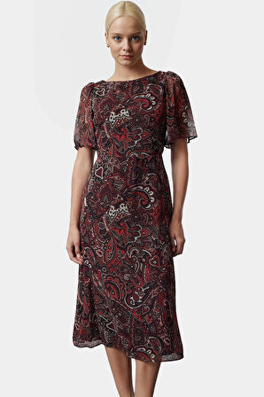 A line Hayvan Desenli Şifon Elbise Melek Kol Midi Boy  Polyester Şık Görünüm Özel Tasarım