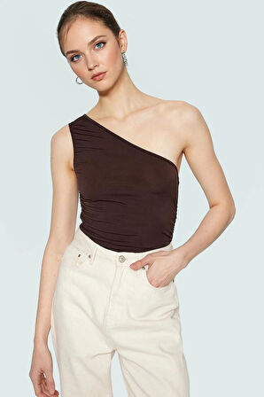 Fitted Tek Omuz Bluz Esnek Örme Crop Boy Modern Stil Premium Kalite Seçkin Malzeme