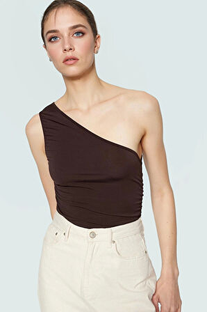 Fitted Tek Omuz Bluz Esnek Örme Crop Boy Modern Stil Premium Kalite Seçkin Malzeme