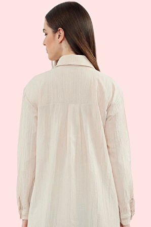 Kadın Uzun Kollu Gömlek Dokuma Kumaş Kemersiz Rahat Günlük Hafta Sonu Yaz Aylarının Vazgeçilmezi