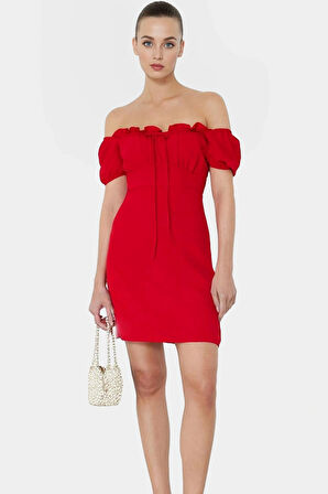 A Line Mini Elbise Krep Kumaş Balon Kollu Rahat Kalıp Şık Görünüm Kaliteli İşçilik