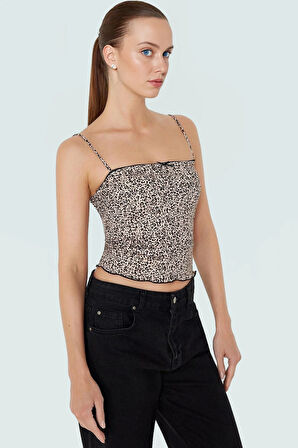 Kadın Yazlık Crop Bluz Örme Kumaş Leopar Desenli Fitted Günlük Kullanım İçin Premium Kalite