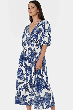 A line Midi Boy Polyester Dokuma Elbise Çiçek Desenli V Yaka Kısa Kol Günlük Kullanım İçin