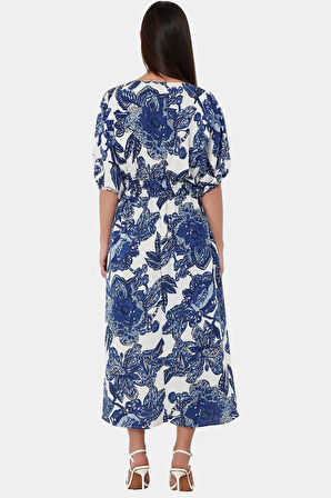 A line Midi Boy Polyester Dokuma Elbise Çiçek Desenli V Yaka Kısa Kol Günlük Kullanım İçin