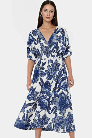 A line Midi Boy Polyester Dokuma Elbise Çiçek Desenli V Yaka Kısa Kol Günlük Kullanım İçin