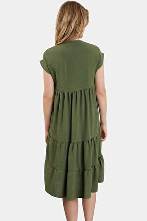 Rahat ve Şık Aerobin Dokuma Polyester Yazlık Elbise Midi Boy V Yaka Kullanım Özenle Seçilmiş