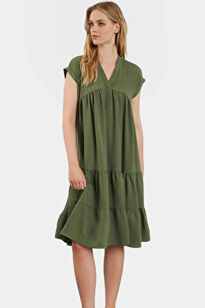 Rahat ve Şık Aerobin Dokuma Polyester Yazlık Elbise Midi Boy V Yaka Kullanım Özenle Seçilmiş