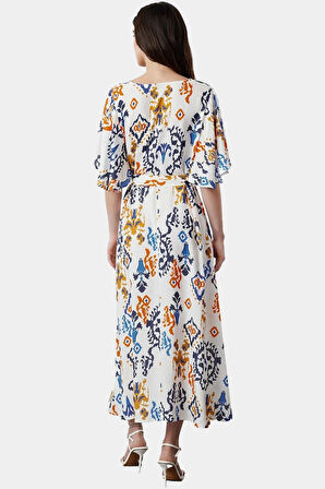 A Line Shally Dokuma Midi Elbise Etnik Desen V Yaka Kuşak Detaylı Yüksek Kalite