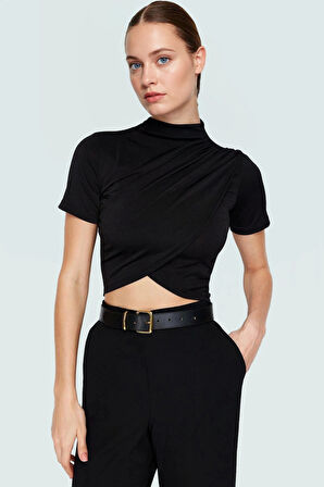 Şık Dik Yaka Crop Bluz Örme Kumaş Kruvaze Yazlık Modern Stil Rahat Ve Özel Tasarım