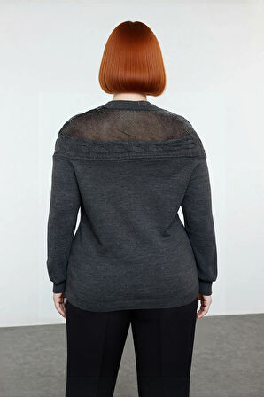 Kadın Antrasit Triko Kazak Zarif Saç Örgü Tül Detayları Bisiklet Yaka Uzun Kol Kış Modası İle Şık