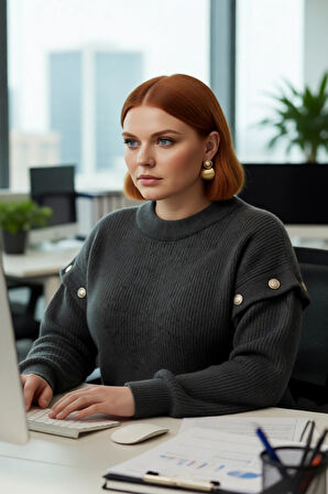 Şık Kadın Relaxed Kalıp Düz Desen Bisiklet Yaka Düşük Kollu Çıkarılabilir Triko Kazak Kaliteli