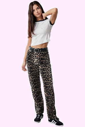 Kadın Leopar Desenli Yüksek Bel Pantolon Pamuk Rahat Günlük Kullanım Yaz Aylarının Vazgeçilmezi