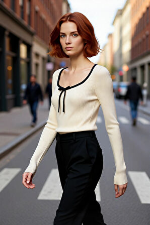 Kadın Fitted Kalıp Fitilli Dokuma Havuz Yaka Triko Kazak İnce Yapısıyla Modern Bir Stil Sunar